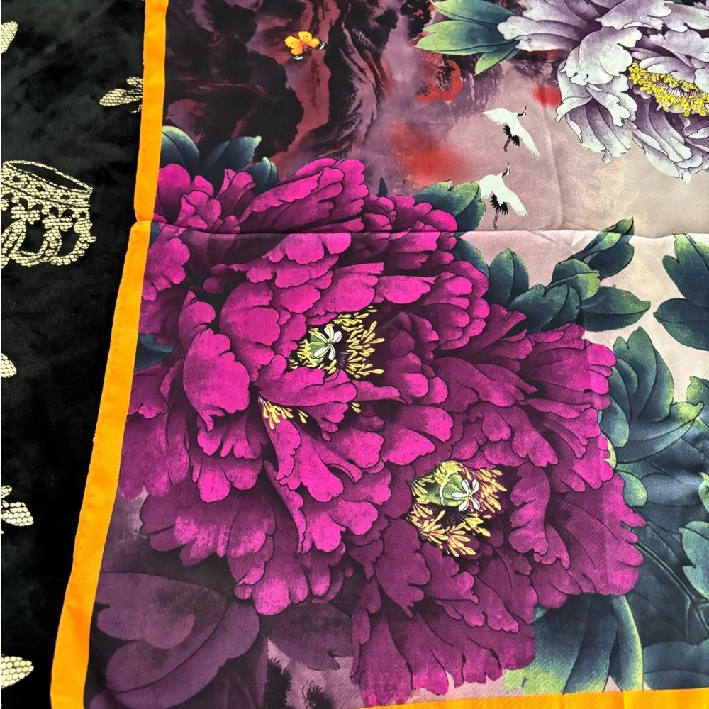Floral Silk Scarf with Orange Border - Picture 2 of 7